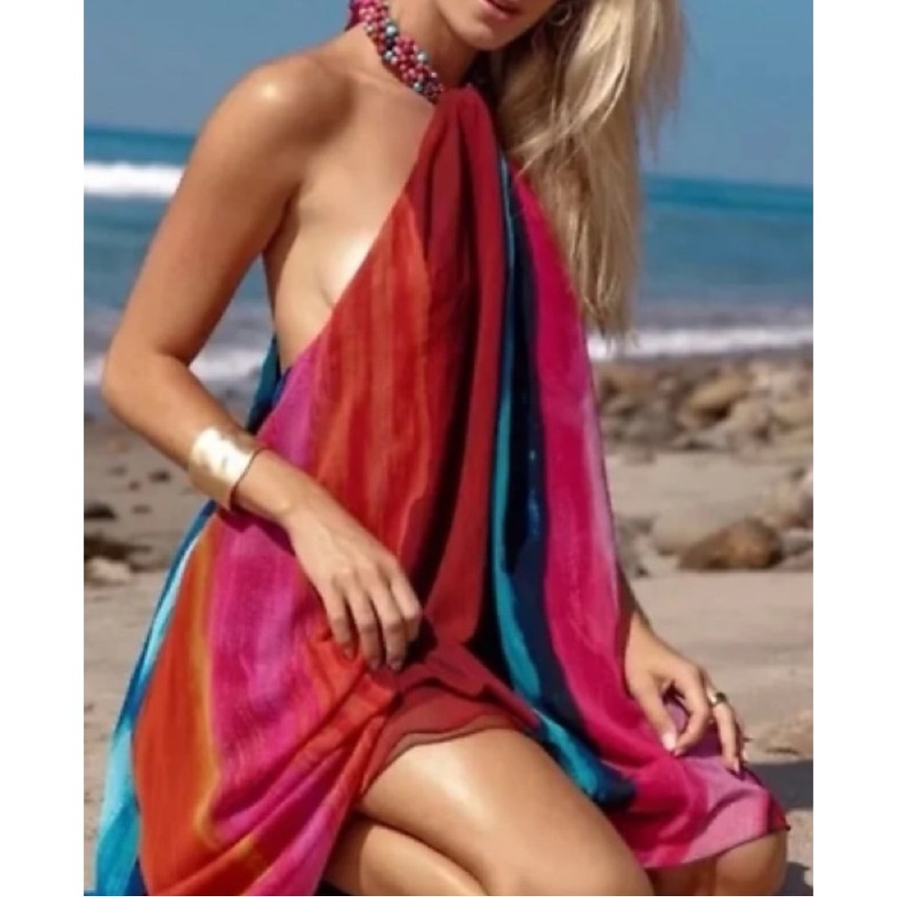 NEW Zara Beaded Halter Neck Colorful Striped Low Open Back Dress Size Large (L)